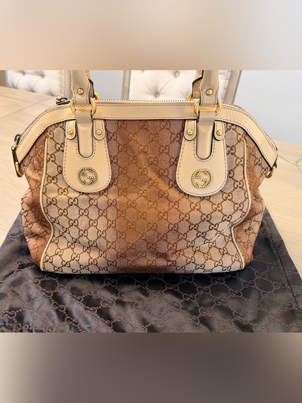 Gucci Beige & Brown GG Canvas Satchel with Cream Leather Trim
